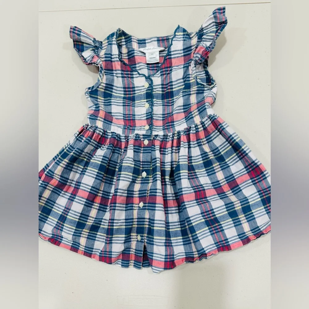 Ralph Lauren Plaid Button Down Kids Dress With Flutter  Cap Sleeve Size‎ 18M